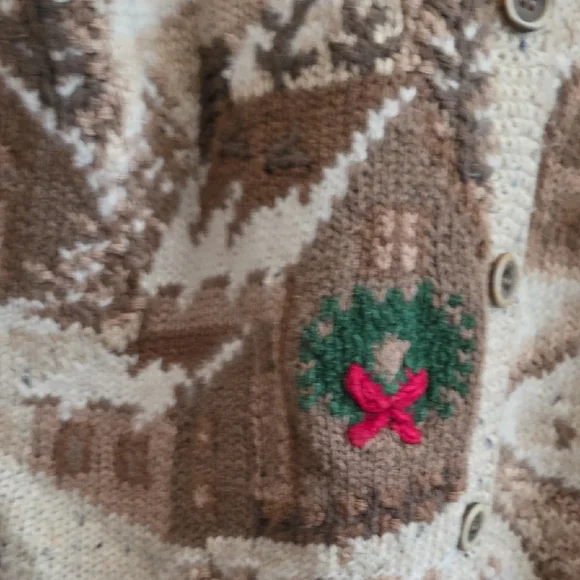 Norther Isles Hand Knitted Cozy Holiday Cardigan with Village Scene Sz M - Picture 4 of 15